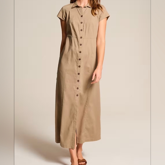 J. Jill Savanna Maxi Shirt Dress Golden Beige Pockets Buttons Tan NWOT - Picture 1 of 11